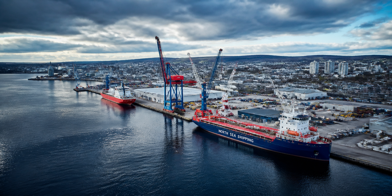 Aerial view of a busy northern UK maritime port with ships and cranes